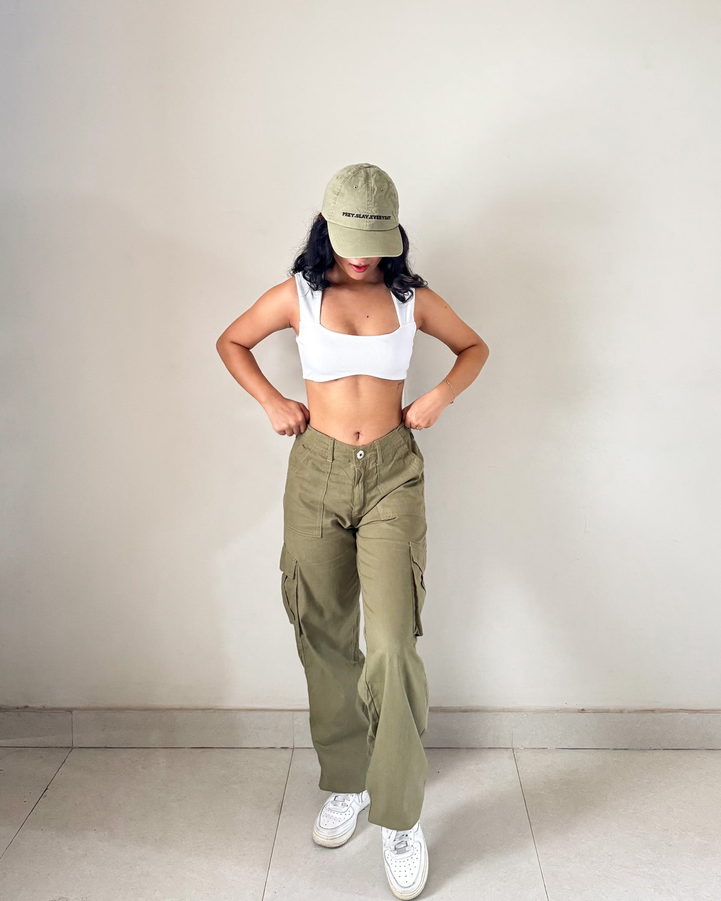 Olive Green 4 pocket Cargo Pants (Adjustable belt )
