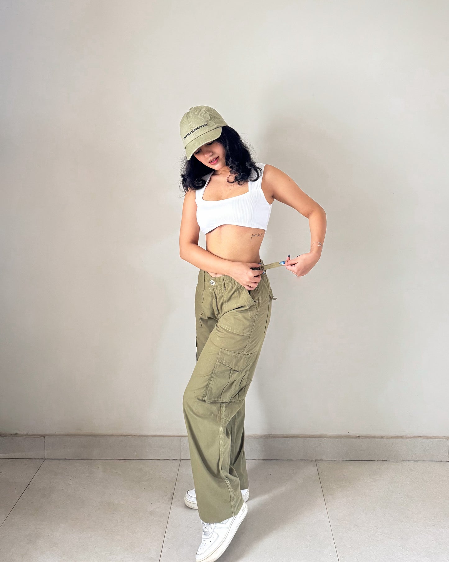 Olive Green 4 pocket Cargo Pants (Adjustable belt )