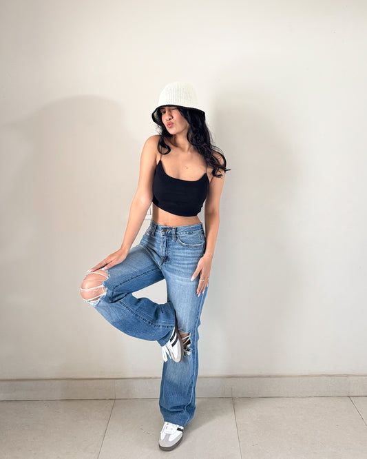 Ripped Mid Blue Straight Jeans