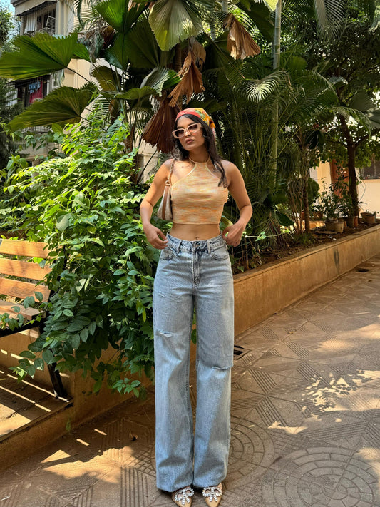 Ice Blue Slit Straight Denim