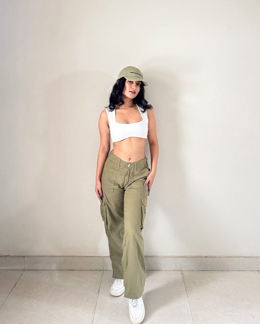 Olive Green 4 pocket Cargo Pants (Adjustable belt )