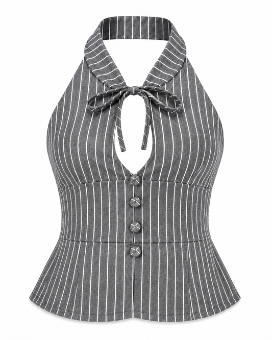 Grey Pinstripe Keyhole Top