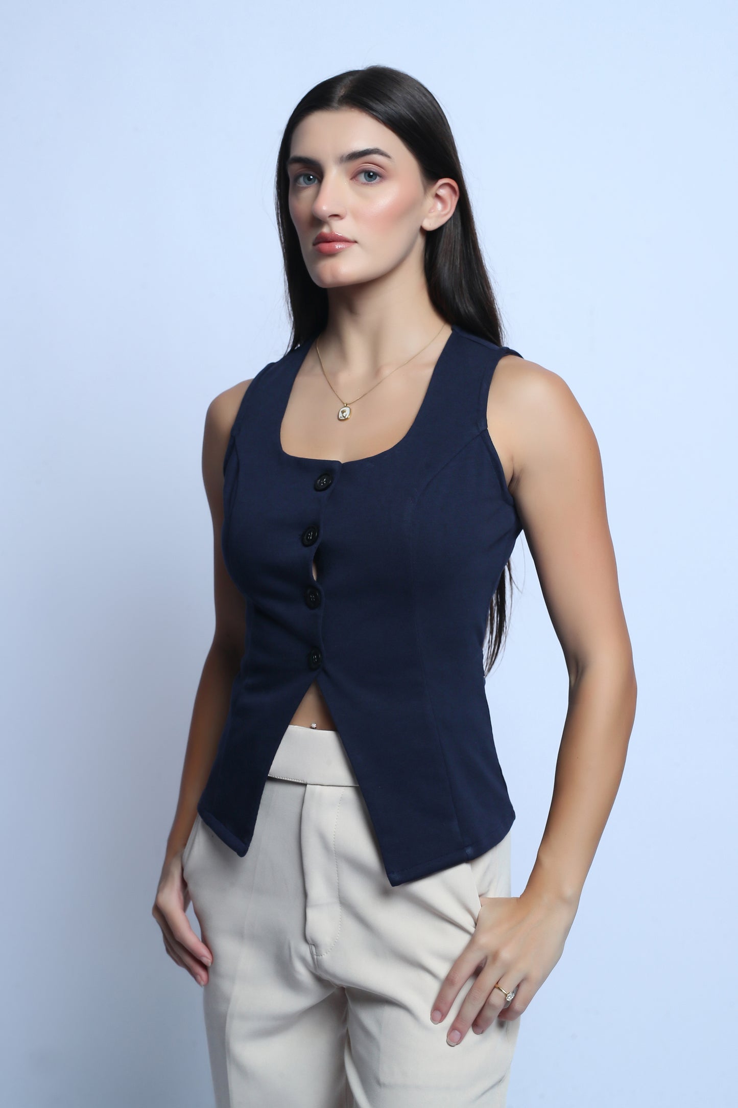 Jersey Cotton Scoop Neck Top - Navy