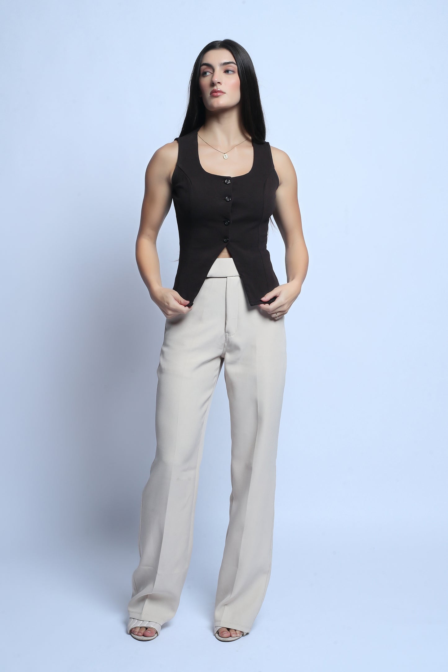 Jersey Cotton Scoop Neck Top - Brown