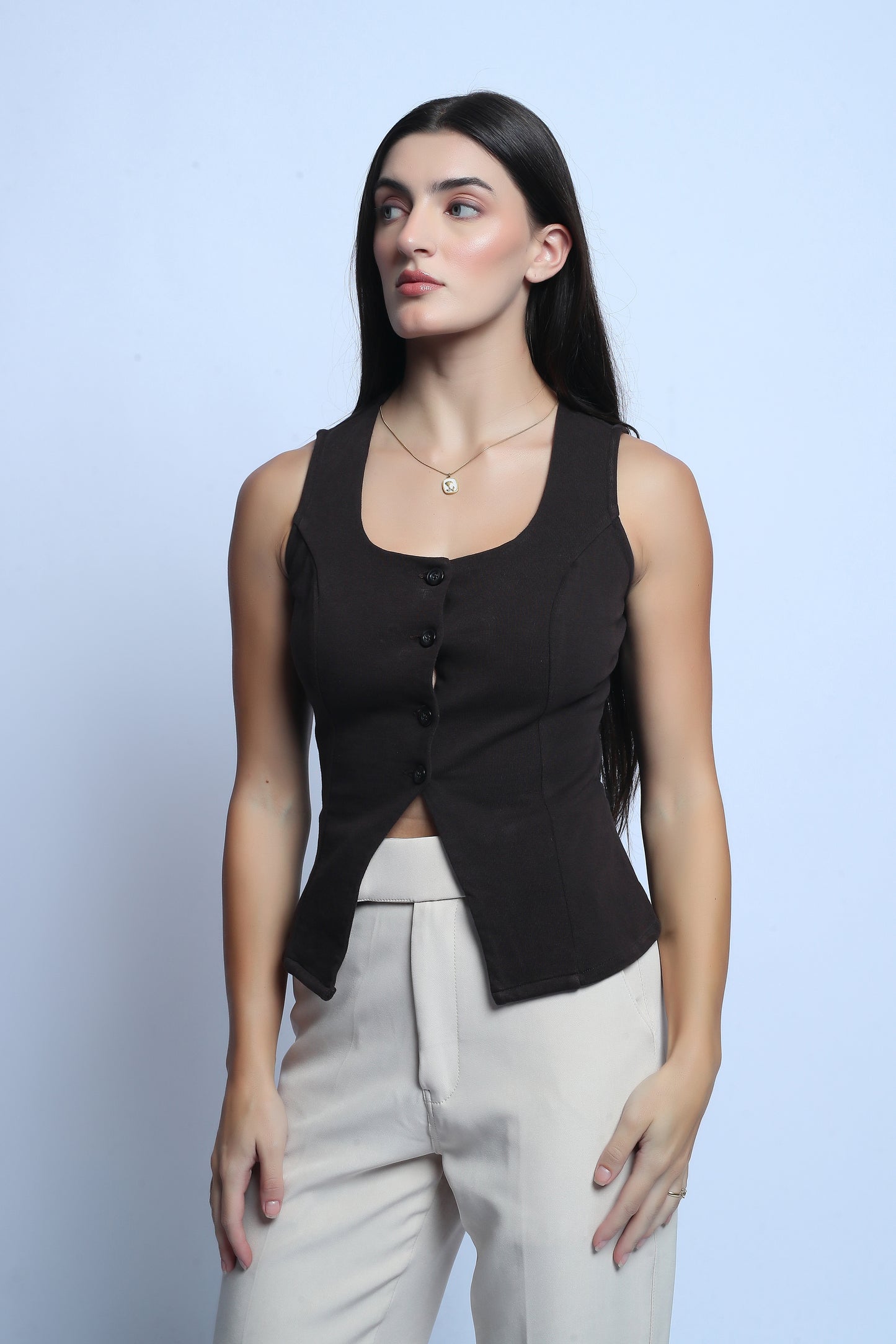 Jersey Cotton Scoop Neck Top - Brown