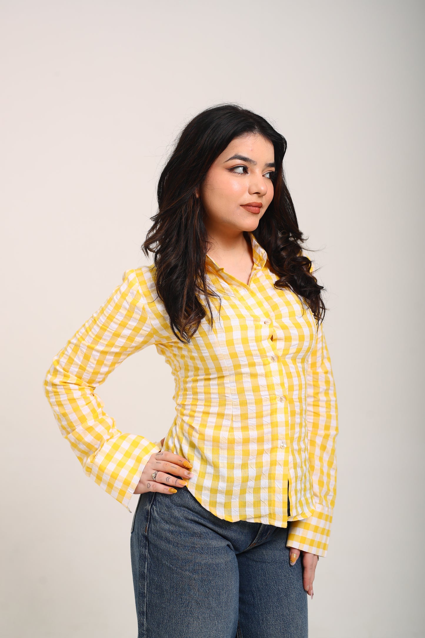 Yellow checks fitted shirt (with drawstring)