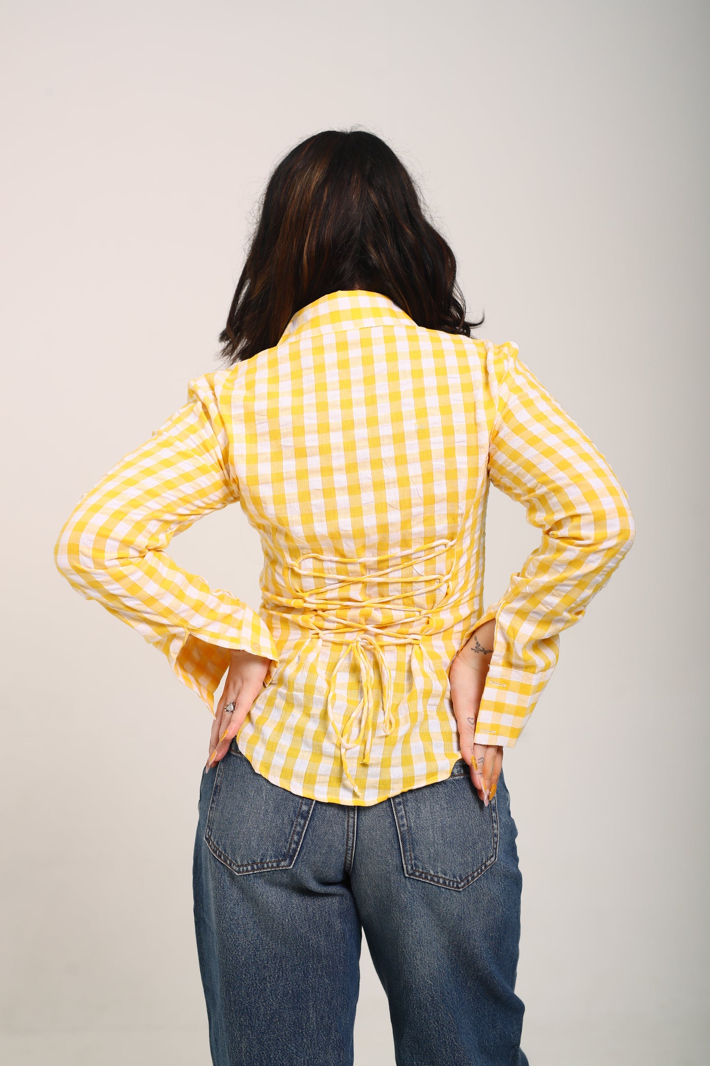 Yellow checks fitted shirt (with drawstring)