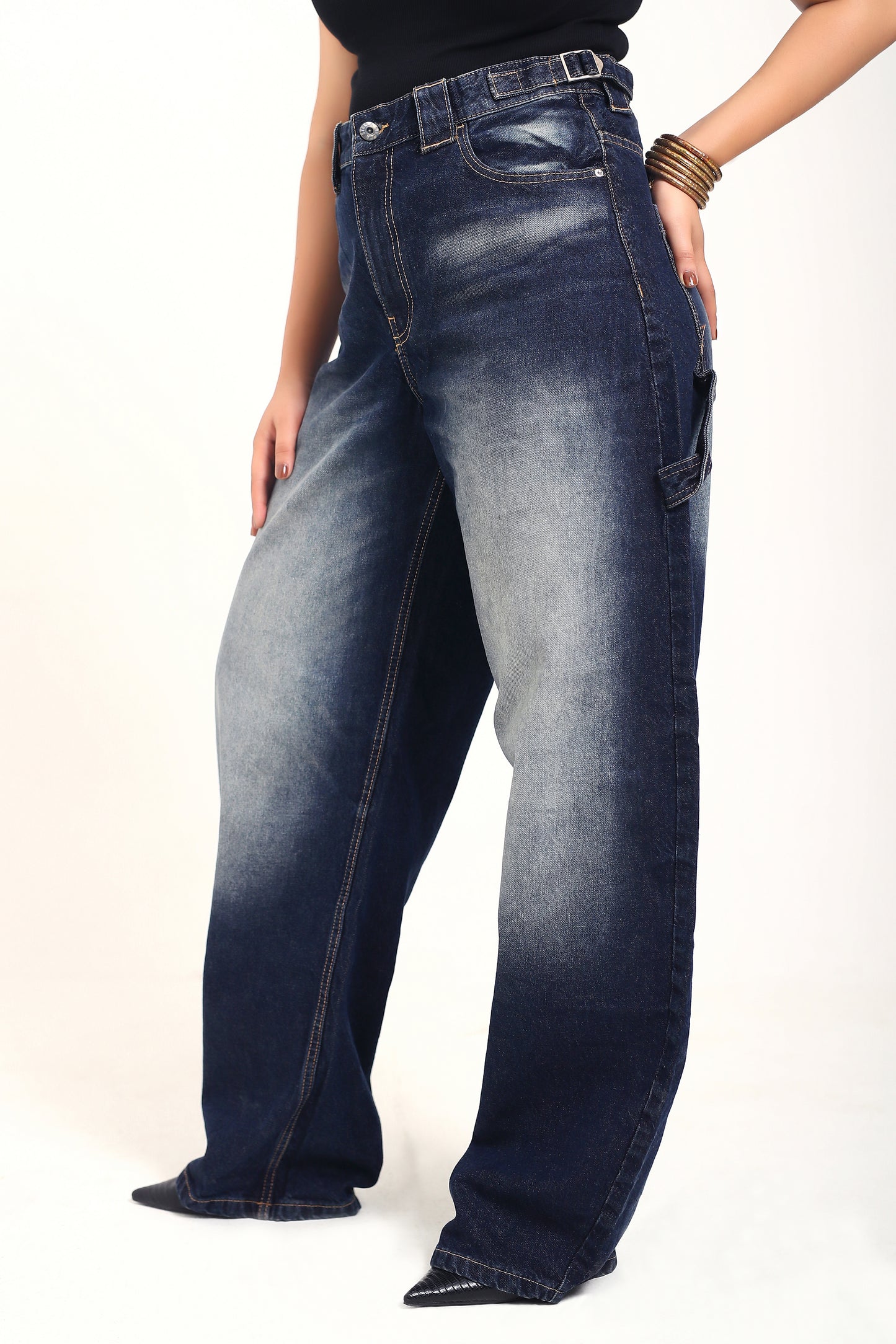 Washed Blue Adjustable waist Denim