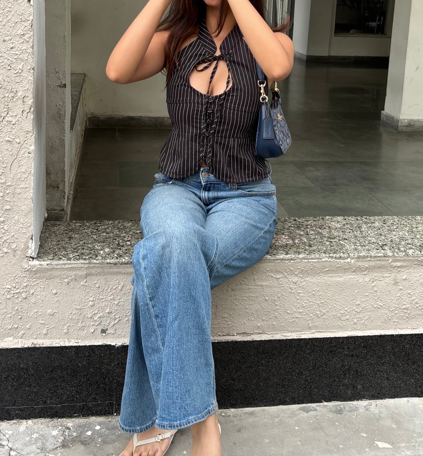 Black Pinstripe Keyhole Top