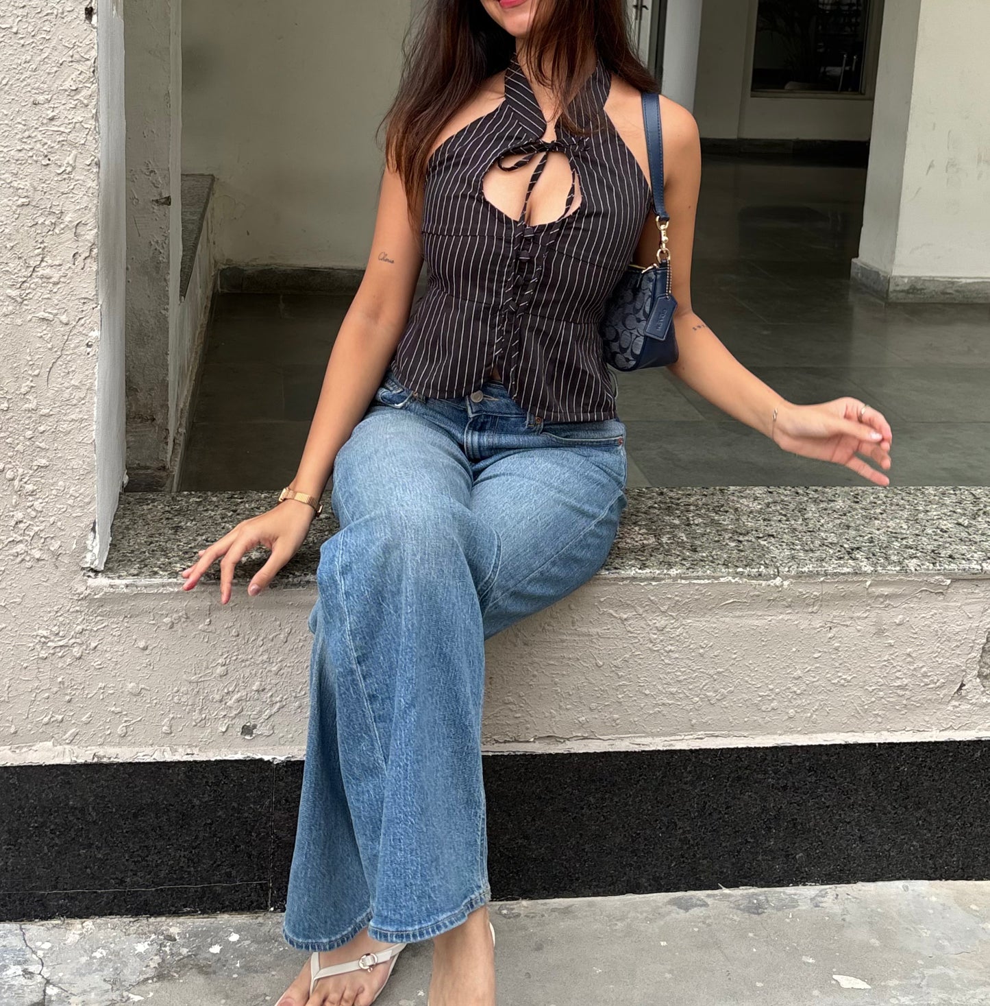 Black Pinstripe Keyhole Top