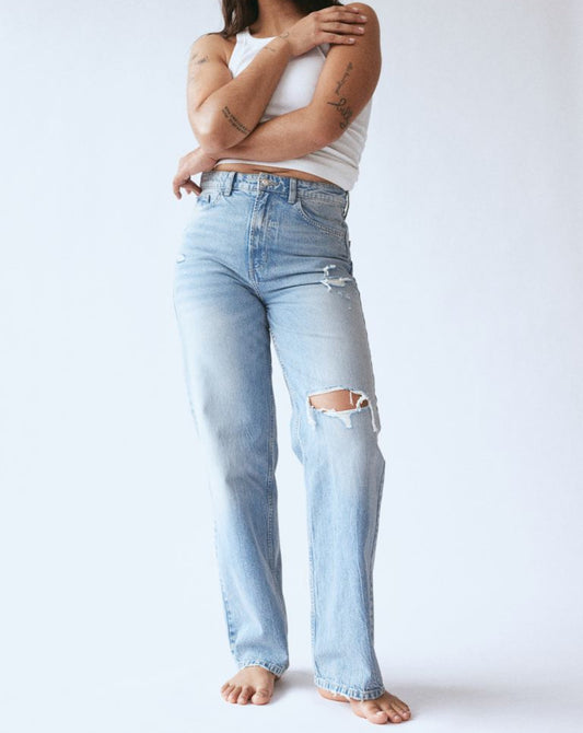 One Knee Cut Straight Denim